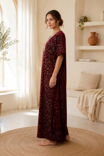 Image of Pure Cotton Hand Embroidery Nighty for Woman | Floral Gown for Women Nightwear Nighty for Women Stylish Maxi for Women Cotton - Free Size Maroon