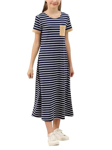 GORLYA Girls Contrast Striped Loose Casual Long Shift Swing Patch Pocket T-Shirt Maxi Dress 6-14Y