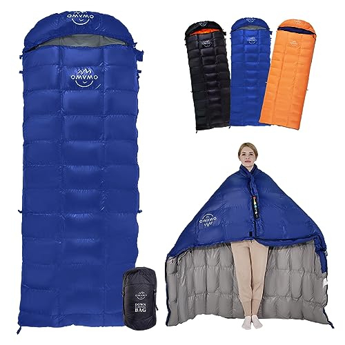 OMVMO 15 Degrees F 650 Fill Power Down Sleeping Bag for Adults,Lightweight 4 Season Envelope Rectangle Down Sleeping Bag for Backpacking Camping,Dark Blue Right-Zipper Long