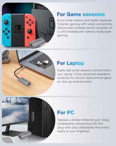 Image of USB a to ethernet Adapter,USB gigabit 1000Mbps Plug and Play with USB 3.0, Driver Free, RJ45 LAN Network Dongle Compatible with Nintendo Switch, Laptop, PC, MacBook, Windows, macOS, Linux