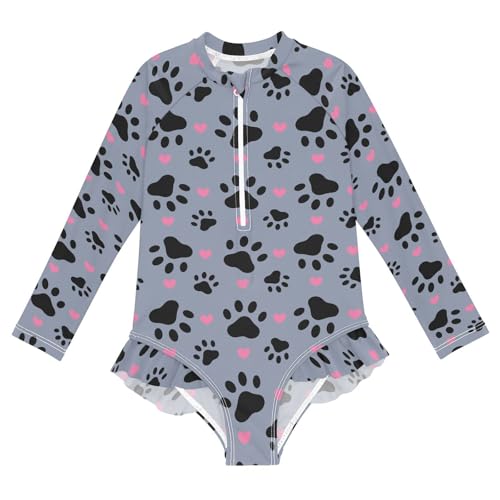Ollabaky Baby Girls Long Sleeve Swimsuit Paw Print Dog Cat One Piece Bathing Suit Rash Guard UPF50+ Toddler Girl Swimwear, 7-8T Multi