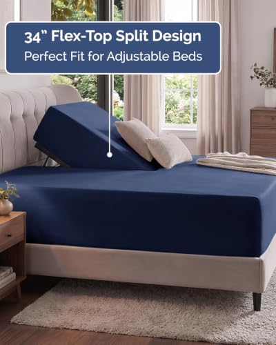 Image of Extra Deep Flex Top Split Head King Fitted Sheet - Hotel Luxury Single Fitted Sheet Only - Easily Fits 18 inch to 24 inch Mattress - Ultra Soft, Wrinkle Free w /Extra Deep Pockets - Navy Blue
