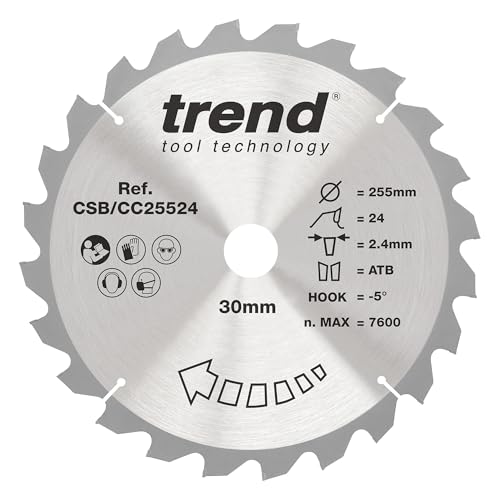 Trend Wood Mitre Saw Blade, 255mm Diameter, 30mm Bore, 24 Teeth, 2.4mm Kerf, -5° Hook, TCT, Coarse Finish, CSB/CC25524