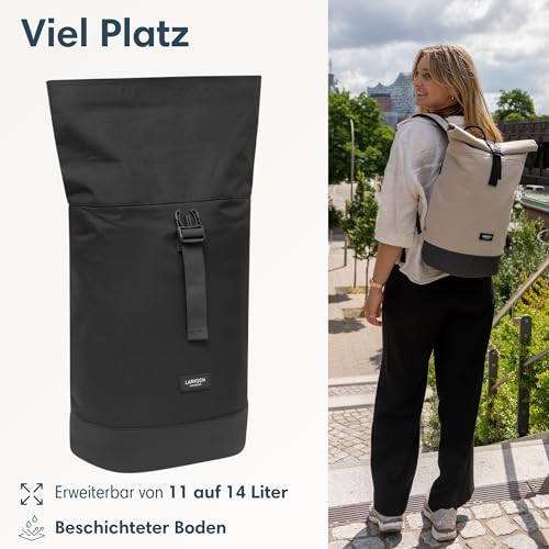 LARKSON Rucksack Damen & Herren Schwarz - Janne Small - Rolltop Rucksack mit Laptopfach für Uni, Arbeit, Reise & Fahrrad - Backpack Tagesrucksack Klein - Wasserabweisend