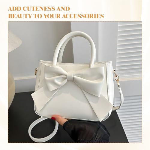 Coquette Purse, Women's Cute White Purse with Bow Charm, Soft Shopper Crossbody Satchel with Adjustable Shoulder Strap, Fashionable and Versatile2