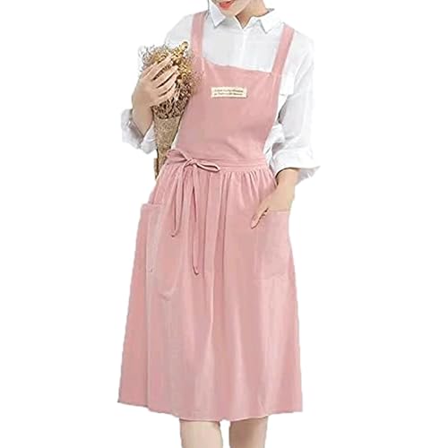 Gaf Nuncew - Delantal para mujer (algodón y lino, con tirantes cruzados, babero, algodón, vintage, delantal de cocina, con 2 bolsillos, para cocinero, jardinería, floristería, color sólido, rosa, Le