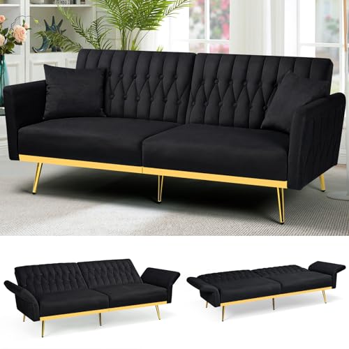 ACMEASE 70” Velvet Futon Sofa Bed with 2 Pillows and Adjustable Armrests, Convertible Sleeper Bed...