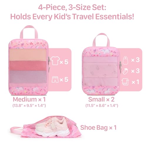 Kids Packing Cubes Compression - 4 Set Travel Packing Cube for Carry On Suitcase and Backpack Luggage Organizer Set Bag with Shoe Bag for Girls (Pink Unicorn)3