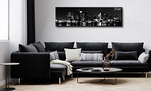 Image of DJSYLIFE Boston Canvas Wall Art Black White Cityscape Decor 13.8 inchx47.3 inch | Panoramic Skyline Print, Ready to Hang for Bedroom, Office, Living Room Decoration