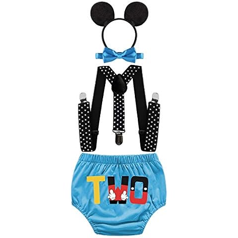 HIHCBF Baby Boys 2nd Birthday Party Outfits Cake Smash Photo Shoot Costume Cartoon Blue Bloomers Suspenders Bow Tie Headband Cover