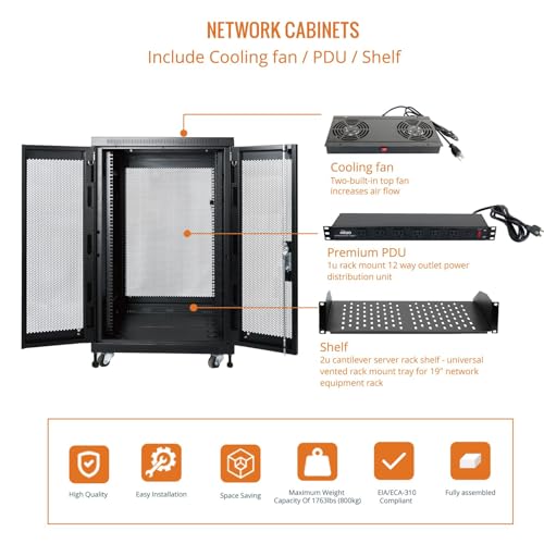 Image of Tecmojo Fully Assembled 18U Network Cabinet AV Rack Enclosure with Casters /Locking Doors with Dual Fan, PDU and Cantilever Shelf (31.5inch DEEP Mesh Door)