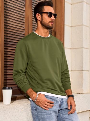 Runcati Sudadera de manga larga para hombre, cuello redondo, monocolor, camiseta de manga larga, básica, ocio, deporte, tops, Verde militar., L - imagen 5