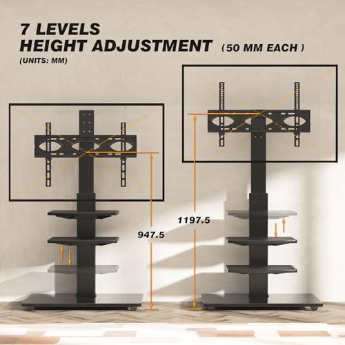 5Rcom Tall Swivel Floor TV Stand with 3 Shelves TV Stand Mount for Most 32 37 47 50 55 60 65 70 inch Plasma LCD LED OLED Flat Screen or Curved TVs, Tall Narrow Stand with Height Adjustable, Black