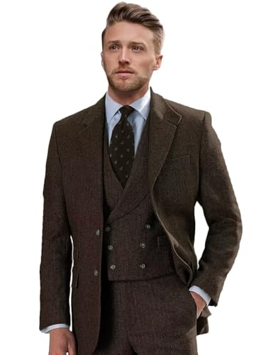 Wangyue Tweed Suits for Men Slim Fit 3 Piece Suit Double Breasted Herringbone Tweed Suit Wool Suits 1920s Wedding Suits