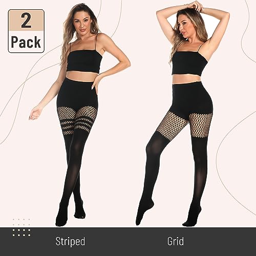 MANZI Womens Faux Thigh High Fishnet Stockings Stitching Opaque Pantyhose Mock Over the Knee Goth Striped Suspender Tights