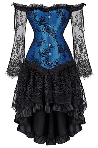 Josamogre - Josamogre Korsett Kleid Damen Corsage Korsage Korsettkleid Lange Ärmel Schnüren Vintage Sexy Gothic Frauen Blau XL