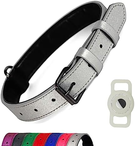 Breathable Soft Padded Leather Dog Collar with AirTag Holder,Fashionable Heavy Duty Dog Collar with Adjustable Rust-Proof Metal Buckle for Small Medium Large X-Large Dogs (M Silvery)
