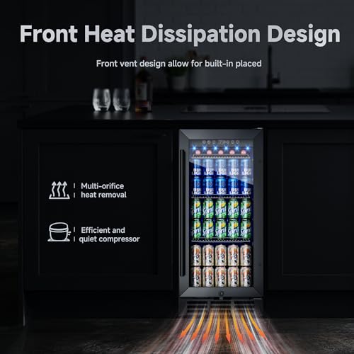 Image of 15 Inch Under Counter Beverage Refrigerator, 130 Cans Large Capacity Beverage Fridge, Buit-In or Freestanding Drink Cooler with Glass Door & Adjustable Shelves, for Home, Office, Bar (Black)