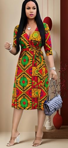 Image of Womens Plus Size Summer Dresses Sexy V Neck Midi Dress Faux Wrap Dress 3 /4 Sleeve Boho Casual Floral A-Line Skirts