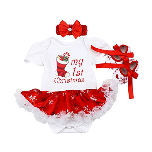 AFAVOM Baby Girls First Christmas Outfit 1st Xmas Letters Print Red Tutu Romper Dress for Newborn New Year Photo Shoot Clothes Birthday Party Bodysuit+Handband+Shoes White-Socks Print 0-3 Months