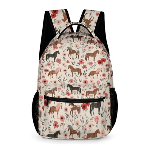 KOYI Mochila de cavalo para meninas, cavalo com flores florais para meninas, mochila de cavalo para viagem escolar, 41 cm, Damasco, One Size, Mochilas de mochila