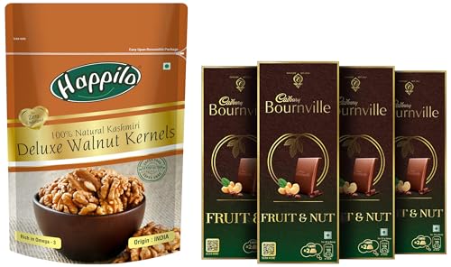 Image of Cadbury Bournville Fruit and Nut Dark Chocolate Bar, 80 g (Pack of 4) & Happilo Deluxe 100% Natural Dried Kashmiri Walnut Kernels 200g