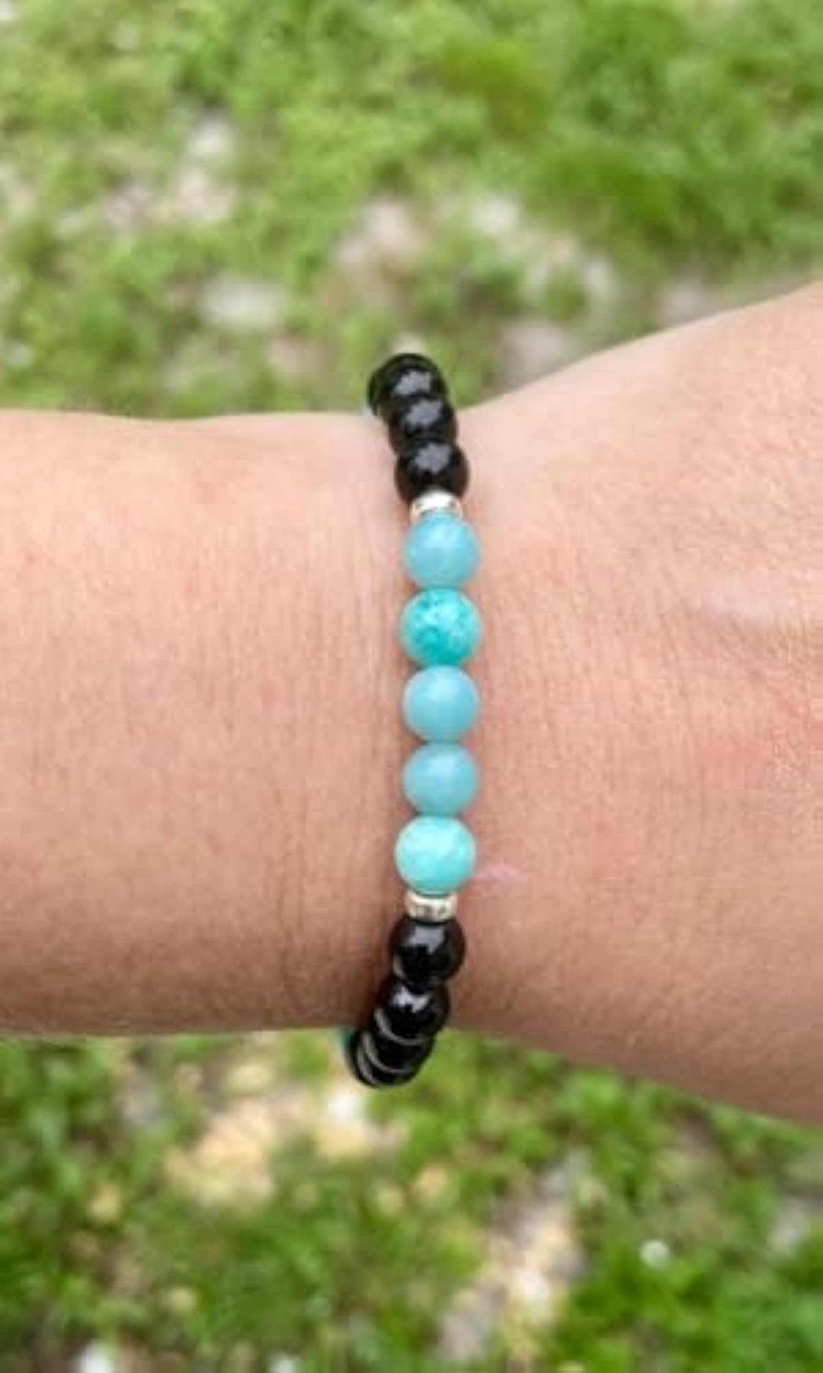 Unisex Natural Amazonite & Black Tourmaline Gemstone Stretch Bracelet