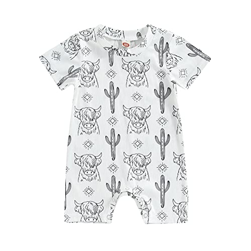 Image of KOSUSANILL Western Baby Boy Girl Clothes Short Sleeve Cow/Cactus Romper Jumpsuit One Piece Bodysuit Summer Outfit (White A, 3-6 Months)