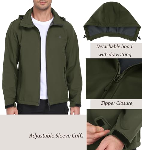ZITY Jacke Herren Wasserdichte Winterjacke Fleece Kapuzenjacke Hoodie Reißverschluss Mantel mit Taschen Outdoorjacke zum Wandern Camping Angeln,Armeegrün,XL