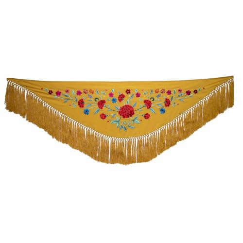 Mantoncillo corto con bordado de claveles en color mostaza para trajes de flamenca