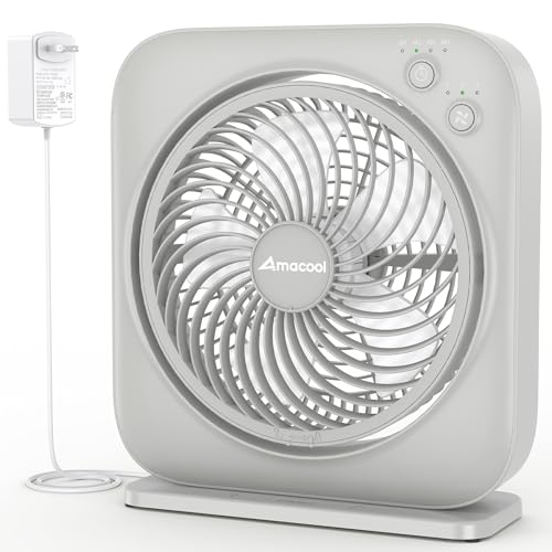AMACOOL Table Fan, 12 inch Box Fan with 3 Adjustable Speeds & 8HRS Timer, Adjustable Angle Quiet Air Circulator, Desktop Fan for Bedroom Bathroom Kitchen Office, AC Adapter Included-Grey by AMACOOL - Used condition - US$35.83