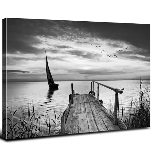 Image of Black and White Nature Wall Art Beach Landscape Pictures Wall Decor for Living Room Coastal Poster Canvas Prints Vintage Sailboat Scenery Paintings Seascape Artwork Home Office Decorations 32x48 inch