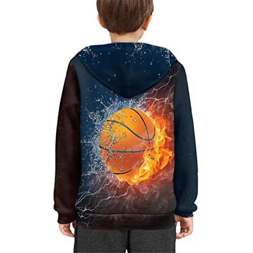 Biyejit Water Fire Basketball Print Boys Casual Pullover Hoodies Hooded Sweatshirts Tops Blouse With Pocket Age 14-16 For Girls Studens Teens #TOP5