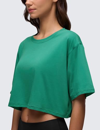 Image of CRZ YOGA Pima Cotton High Neck Crop T-Shirt | Workout, Naturally Soft, Loose Fit, Short Sleeve Tops for Women