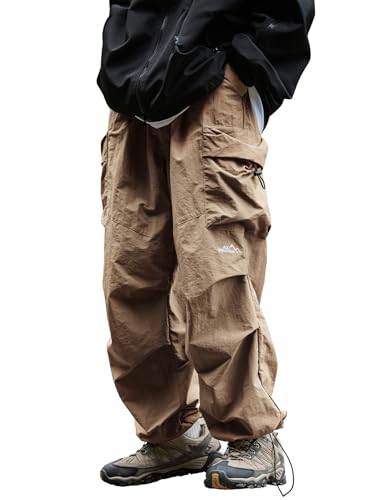 Mens's Baggy Cargo Pants Casual Parachute Pants Loose Fit Hip Hop Harme Lightweight Water Resistant Pants with Pockets Khaki