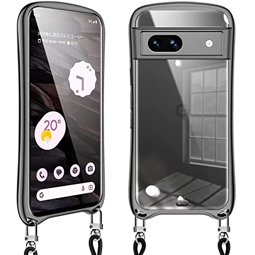Google Pixel 7 A ケース ショルダー クリア ピクセル7a スマホケース カバー 耐衝撃 肩掛け 首掛け 可愛い かわいい 韓国 透明 TPU 長さ調整可能 取り外し可能(ブラック)