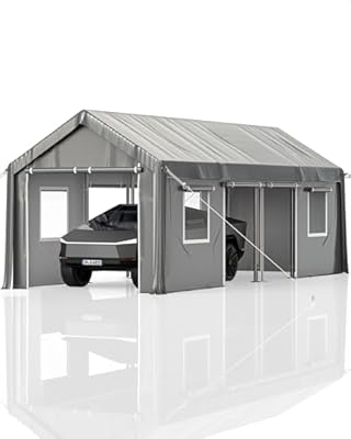 GarveeLife 13'x25' Carport Oversized, 180g PE Canopy, 6 Roll-up Doors, and 4 Windows, Portable Garage for Full-Size Pickups, Bass Boats, Tractors, and SUVs, Gray