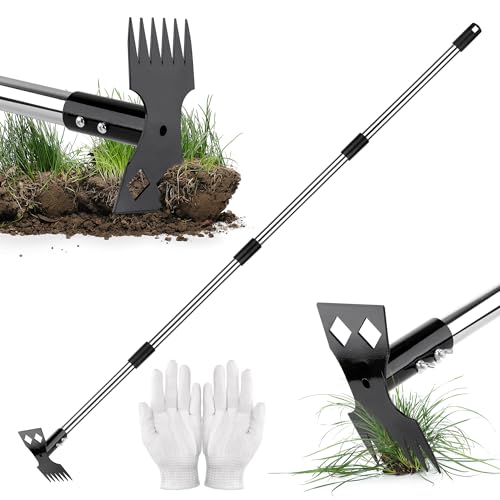 Zourglow Unkrautstecher 160 cm, 2 in 1 Manuell Unkrautjäter mit Langem Stiel und Handschuhen, Unkrautentferner Unkrautrechen und Gartenhacke für Garten, Hof, Rasen, Terrasse