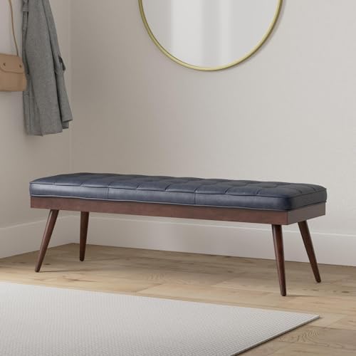 Image of POLY & BARK 55 inch Tufted Leather Bed Bench for Bedroom End of Bed - Living Room Entry Way Bench - Pure Italian Leather Upholstery with a Solid Wood Frame - Ottoman Bench with Wooden Legs - Midnight Blue