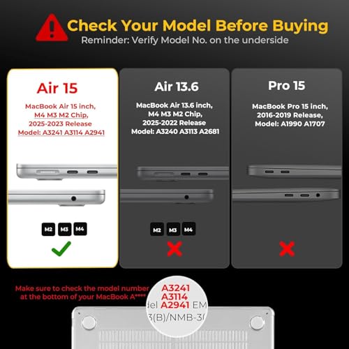 EooCoo Compatible with MacBook Air 15 inch Case M4 M3 M2 2025 2024 2023 A3241 A3114 A2941 with Touch ID, Transparent Plastic Hard Shell Cover for Mac Book Air 15", Smooth Shiny Skin, Crystal Clear