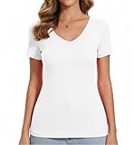 Plain White Shorts Sleeve Deep V Neck T Shirts for Women Undershirts Basic Tee Plain Tops Fitted Summer Rayon Spandex (White XL)