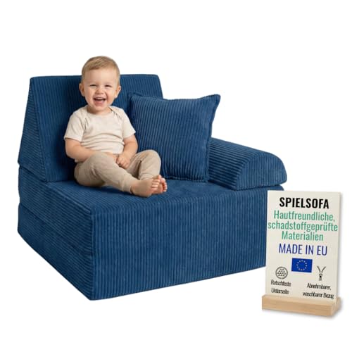 Pillows24 – Spielsofa für Kinder & Kindersessel aus Cordstoff | Weiches Kindersofa | Bequeme Kinder Couch mit abnehmbaren, waschbaren Bezügen | Ergonomisches Spielsofa für Spielzimmer, Blau