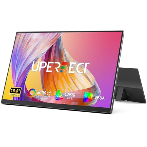 UPERFECT Portable Monitor 15.6 125% sRGB 1080P Ultra-Slim Travel Monitor USB C HDMI Plug & Play IPS Gaming Monitor Built-in Stand Dual Speakers External Screen for Laptop Phone Game Console