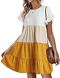 Imysty Womens Boho Floral Printed Babydoll Ruffles Casual Loose Short Mini T-Shirt Dress (X-Large, Z1 Yellow)