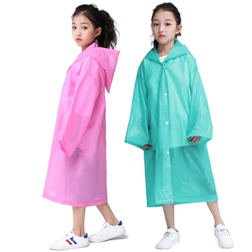 Image of Rain Poncho for Kids Boys Girls - 2 Pack Reusable Waterproof Rain Coat Jacket for Teen Disney, Clear Pink Yellow Blue Purple
