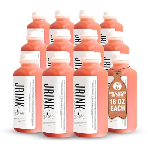 JRINK by Purée Organic Grapefruit Juice, Cold Pressed Raw Fruit Cleanse, Healthy Detox with No Preservatives, Organic Juice Cleanse in HDPE Bottles, Grape Citrus Beverage, 16oz, Pack of 12