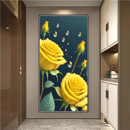 Peinture Diamant Point de Croix Rose jaune 5D grand format pour décorer un grand mur vide
