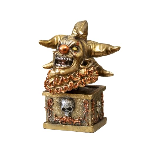 Image of Darthome Steampunk Wobbly Jester Ornament, Resin, Gothic Clown Bust with Skull Plinth, Copper and Gold Metallic Finish, Fantasy Decor Figurine