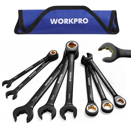 WORKPRO Upgraded 8-piece Anti-Slip Ratcheting Combination Wrench Set with Quick-Slide Open End, 72-Teeth, Cr-V Constructed, Black Metric Wrenches Set with Roll Up Pouch, 8mm-17mm Metric + Qu