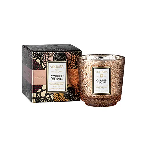 Voluspa Copper Clove Candle | Petite Embossed Pedestal Glass Candle | 2.5 Oz. | Fall Scent | Coconut Wax and Natural Wicks for Cleaner Burning